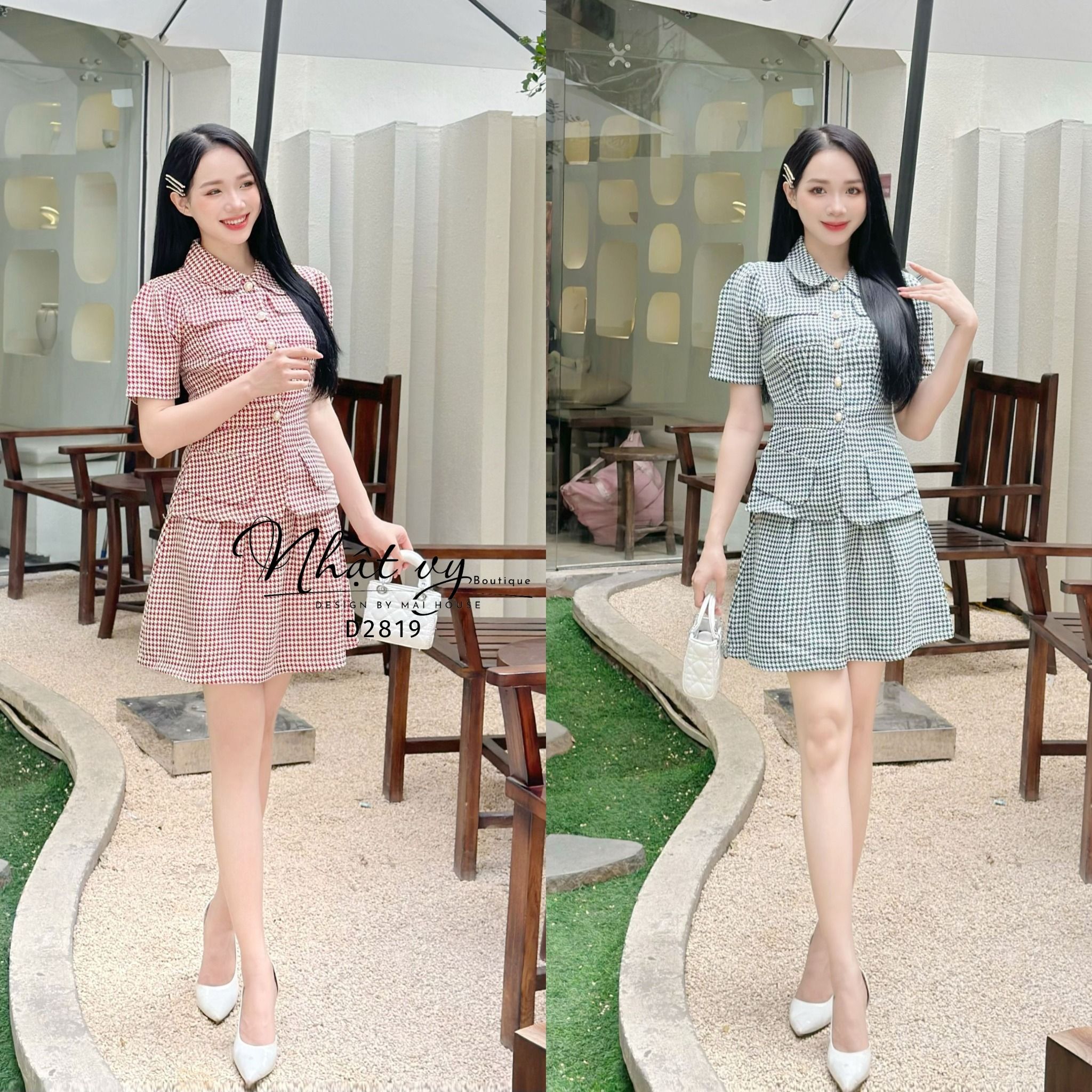 Set áo cổ bèo dáng ôm mix chân váy xoè - D2819