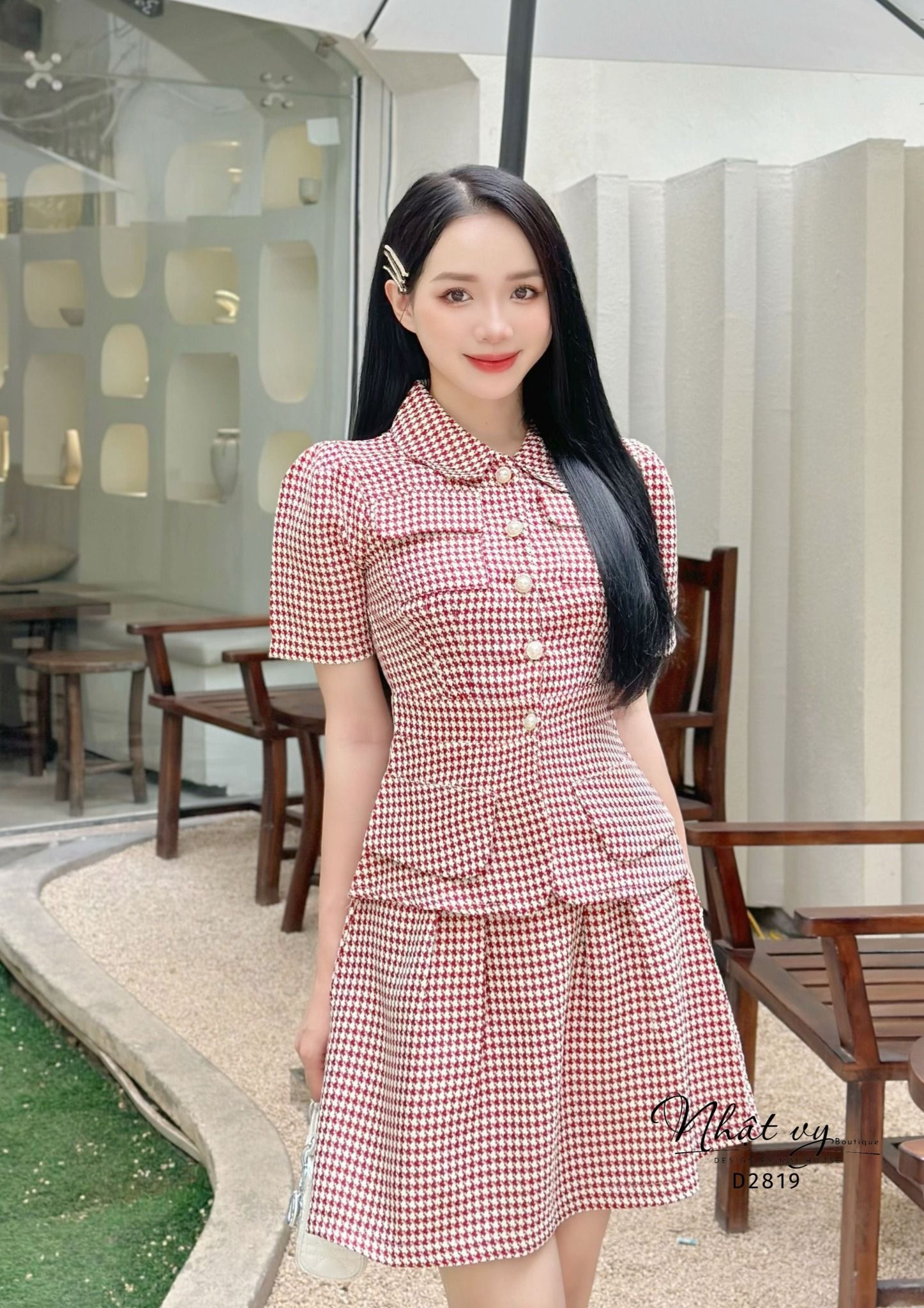 Set áo cổ bèo dáng ôm mix chân váy xoè - D2819