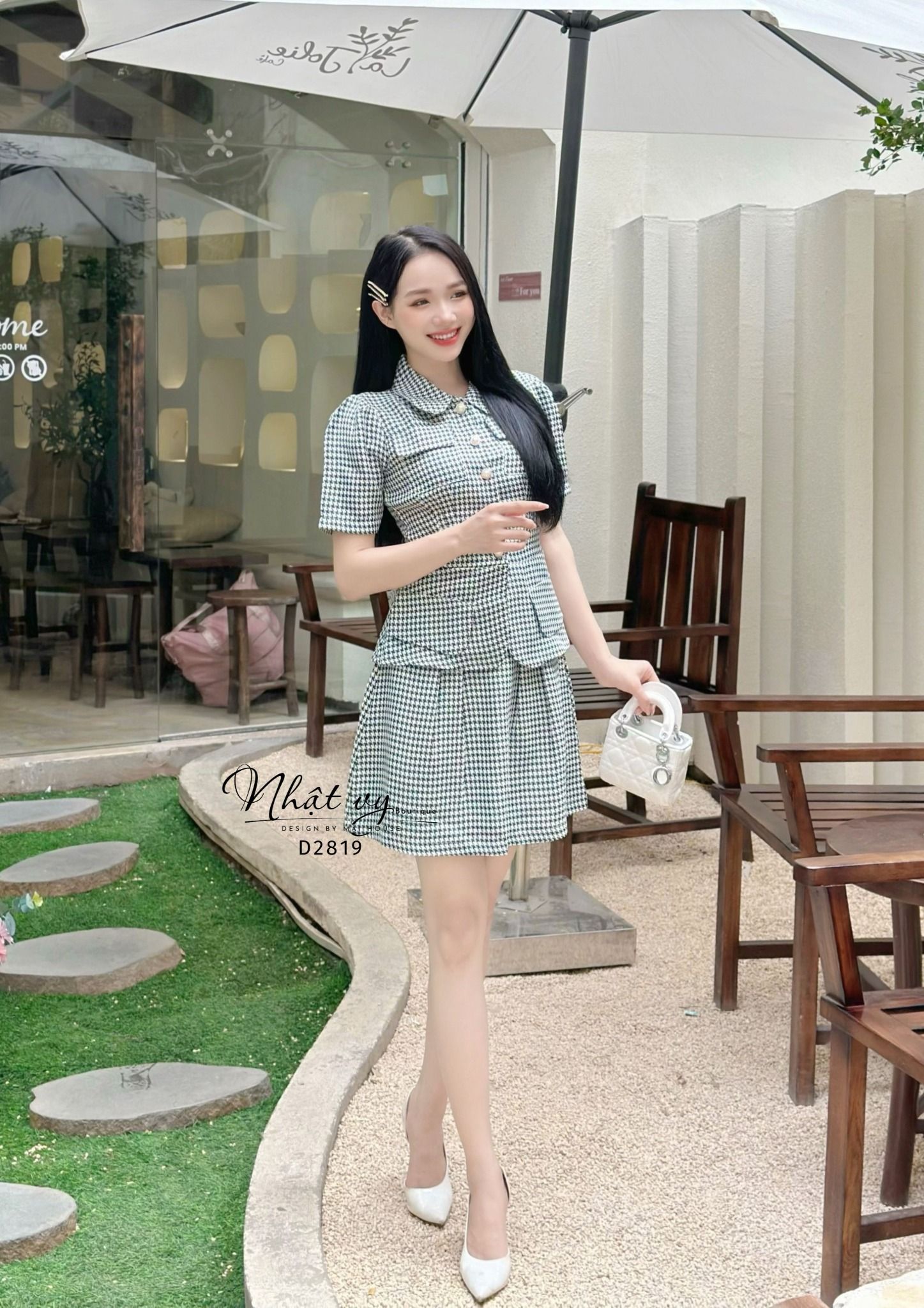 Set áo cổ bèo dáng ôm mix chân váy xoè - D2819