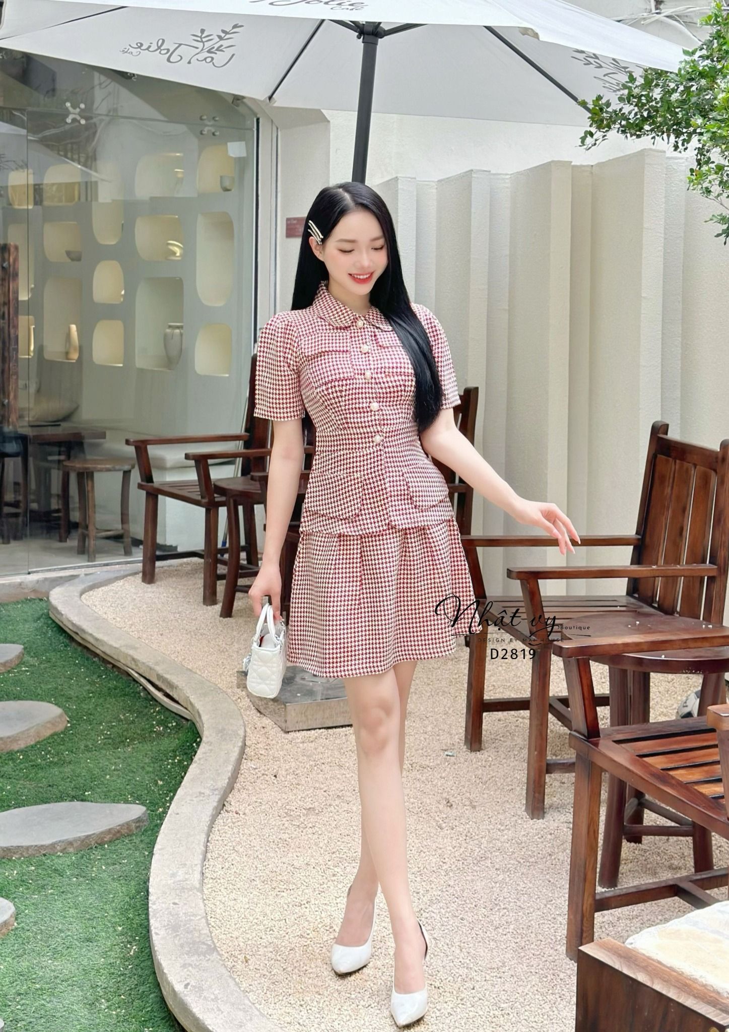 Set áo cổ bèo dáng ôm mix chân váy xoè - D2819