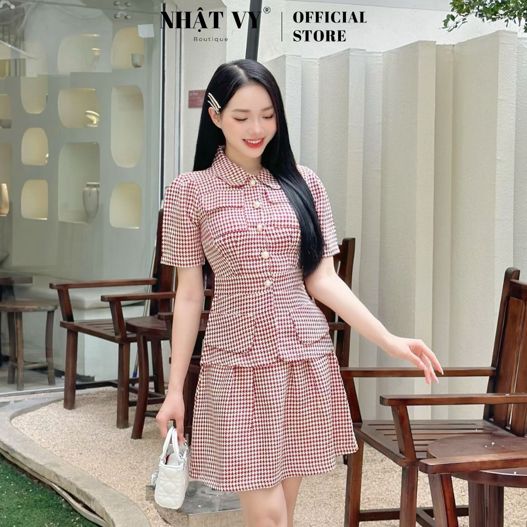 Set áo cổ bèo dáng ôm mix chân váy xoè - D2819