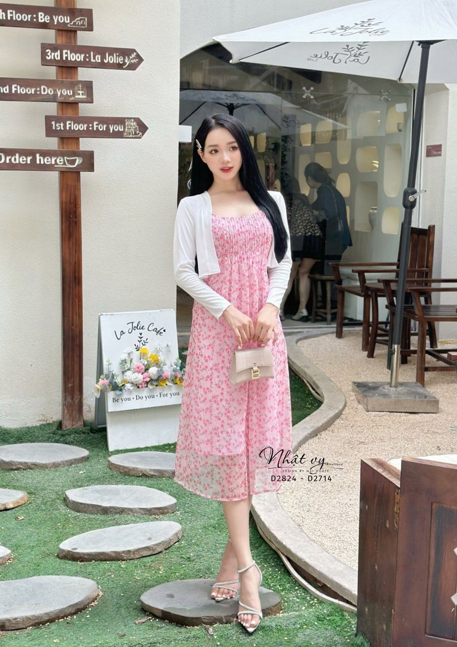 Đầm hoa 2 dây xếp ly ngực cách điệu - D2824