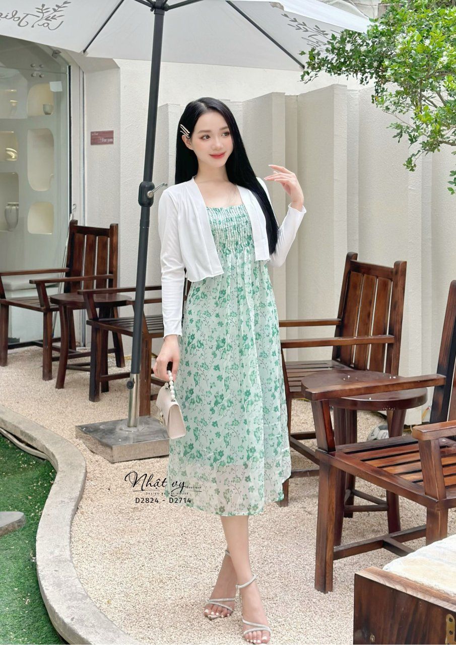 Đầm hoa 2 dây xếp ly ngực cách điệu - D2824