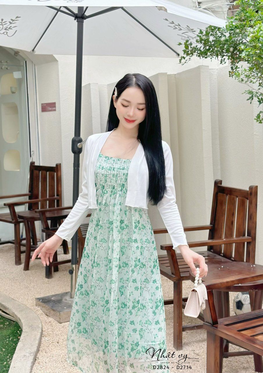 Đầm hoa 2 dây xếp ly ngực cách điệu - D2824
