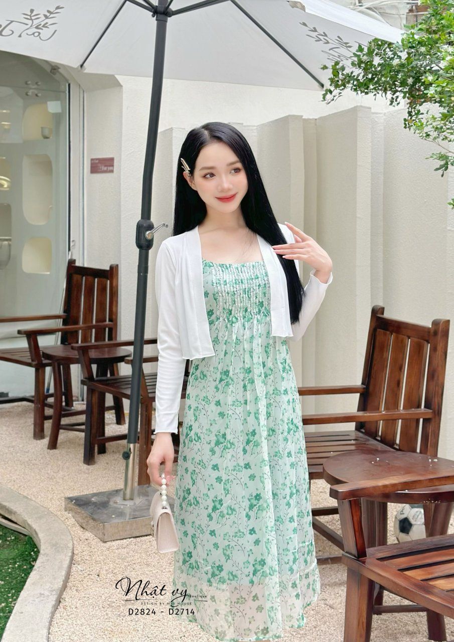 Đầm hoa 2 dây xếp ly ngực cách điệu - D2824