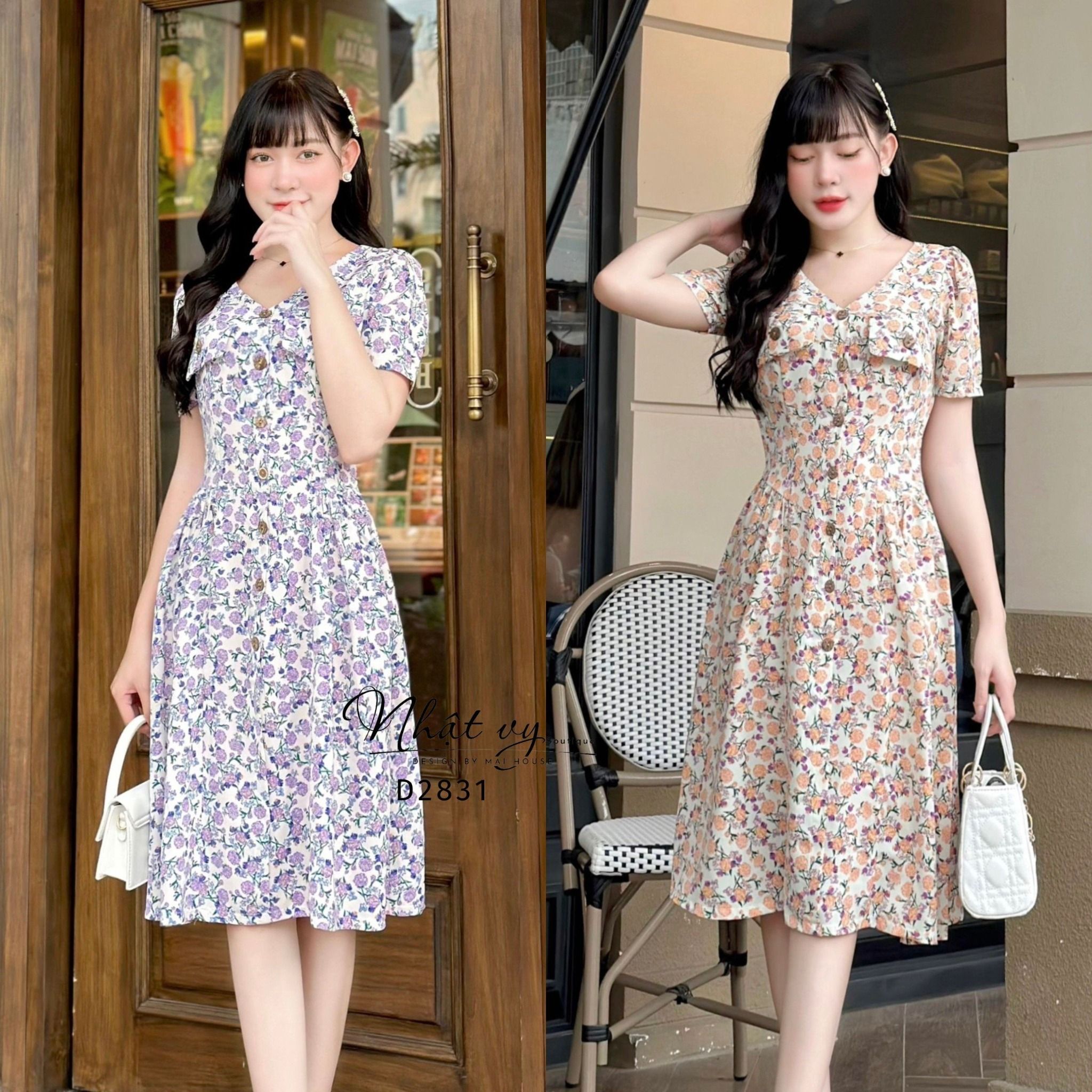 Đầm hoa cổ V nhún bên eo đính cúc giả - D2831