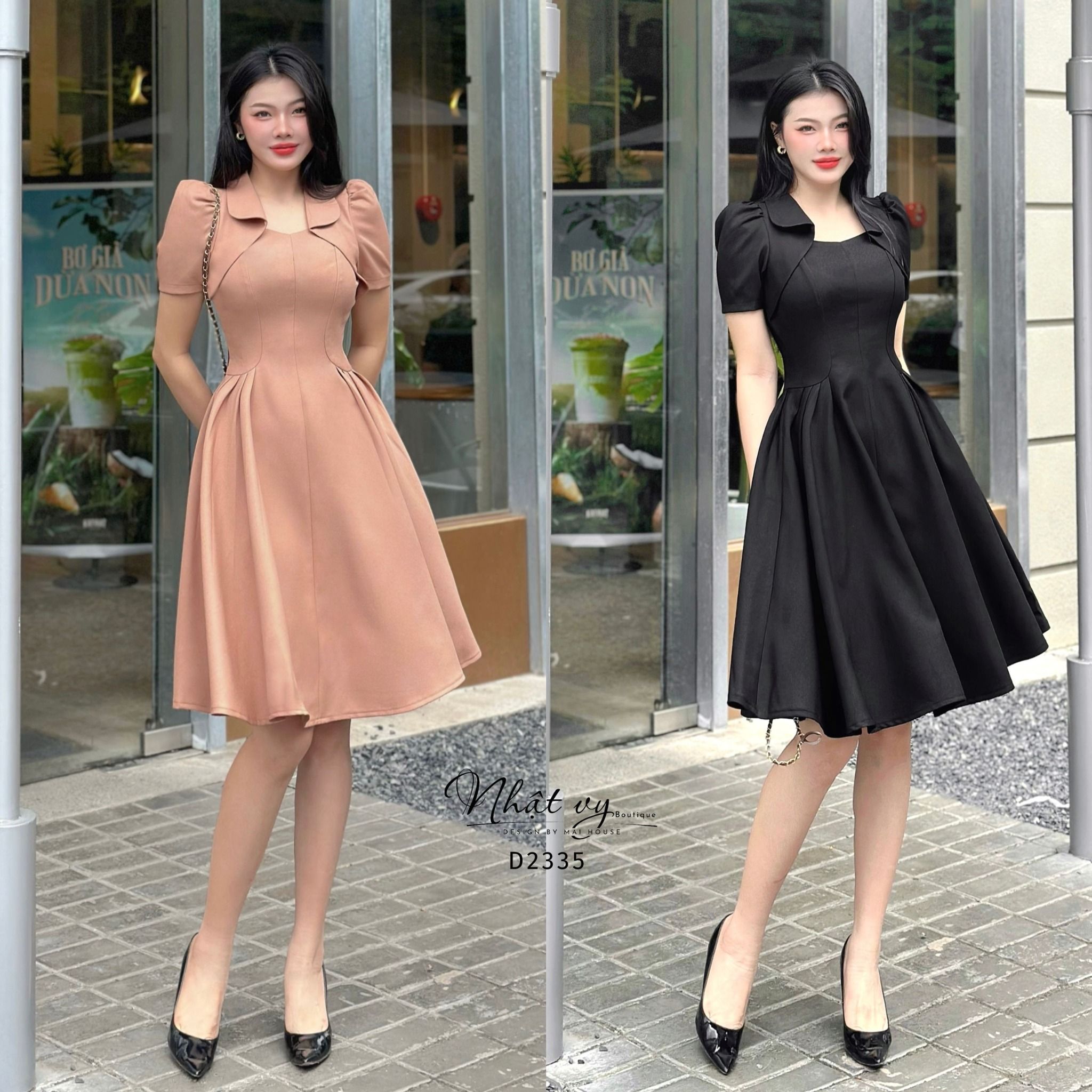 Đầm nhún eo cổ cách điệu - D2835