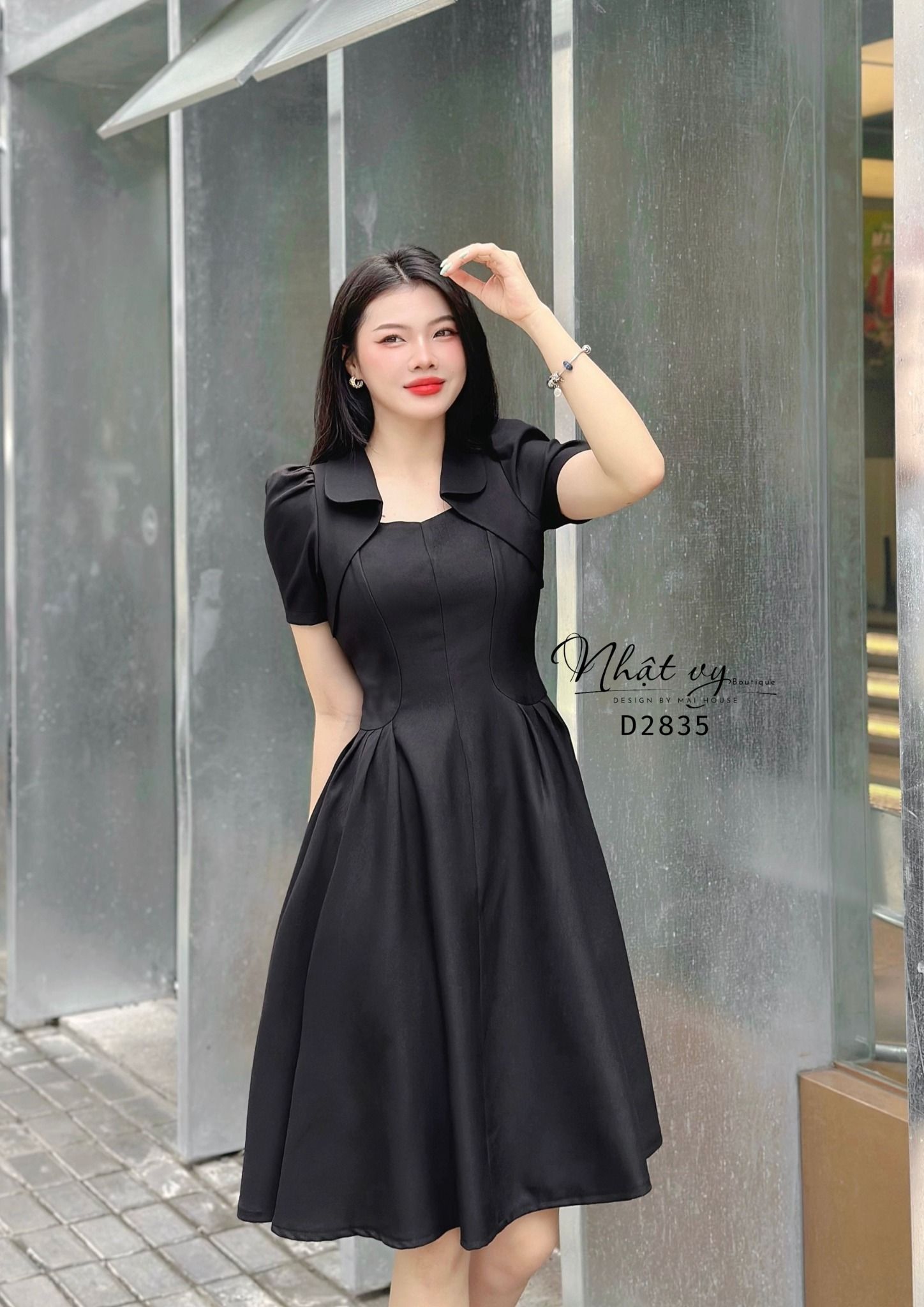 Đầm nhún eo cổ cách điệu - D2835
