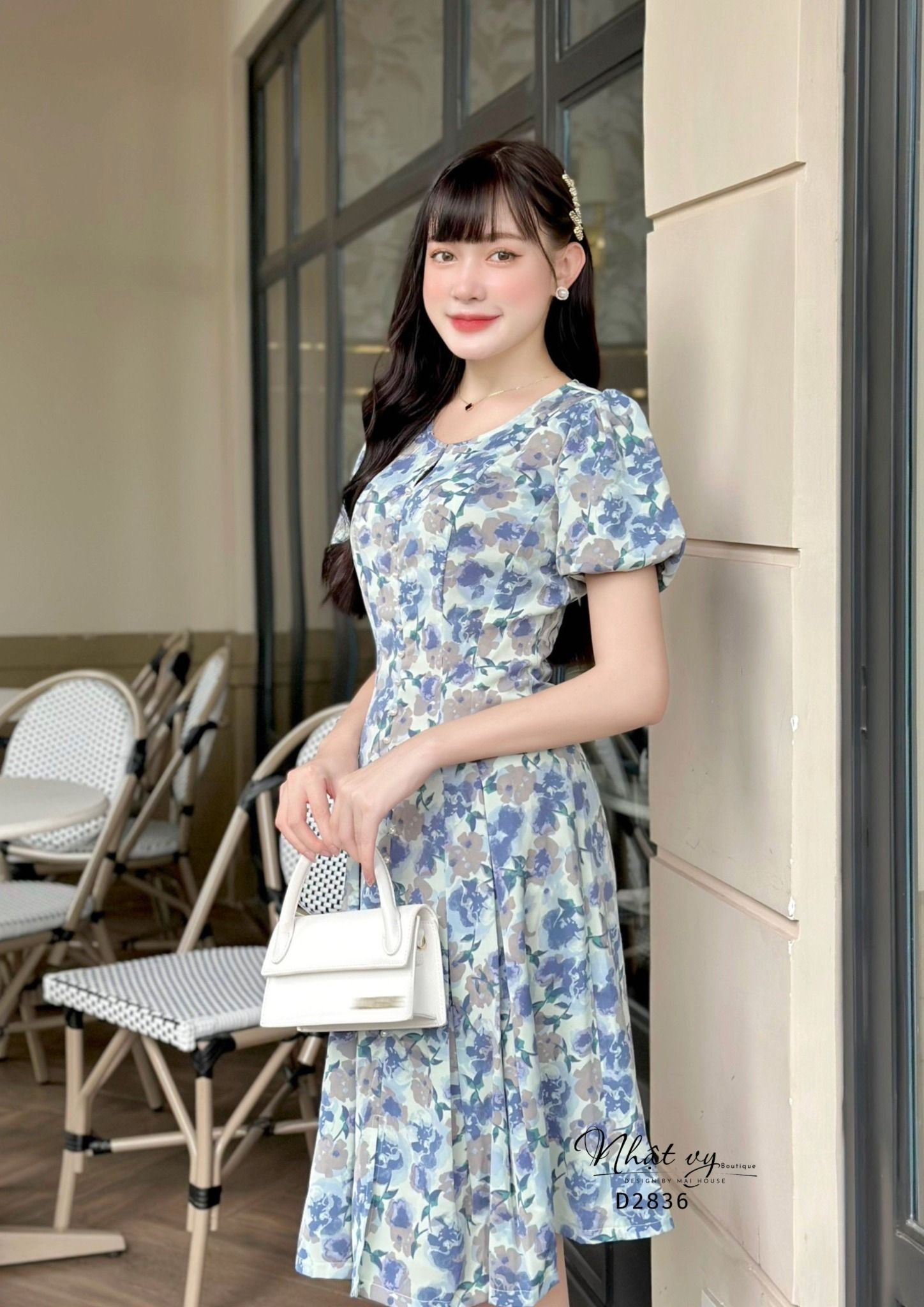 Đầm hoa tay bí cổ tròn cách điệu - D2836