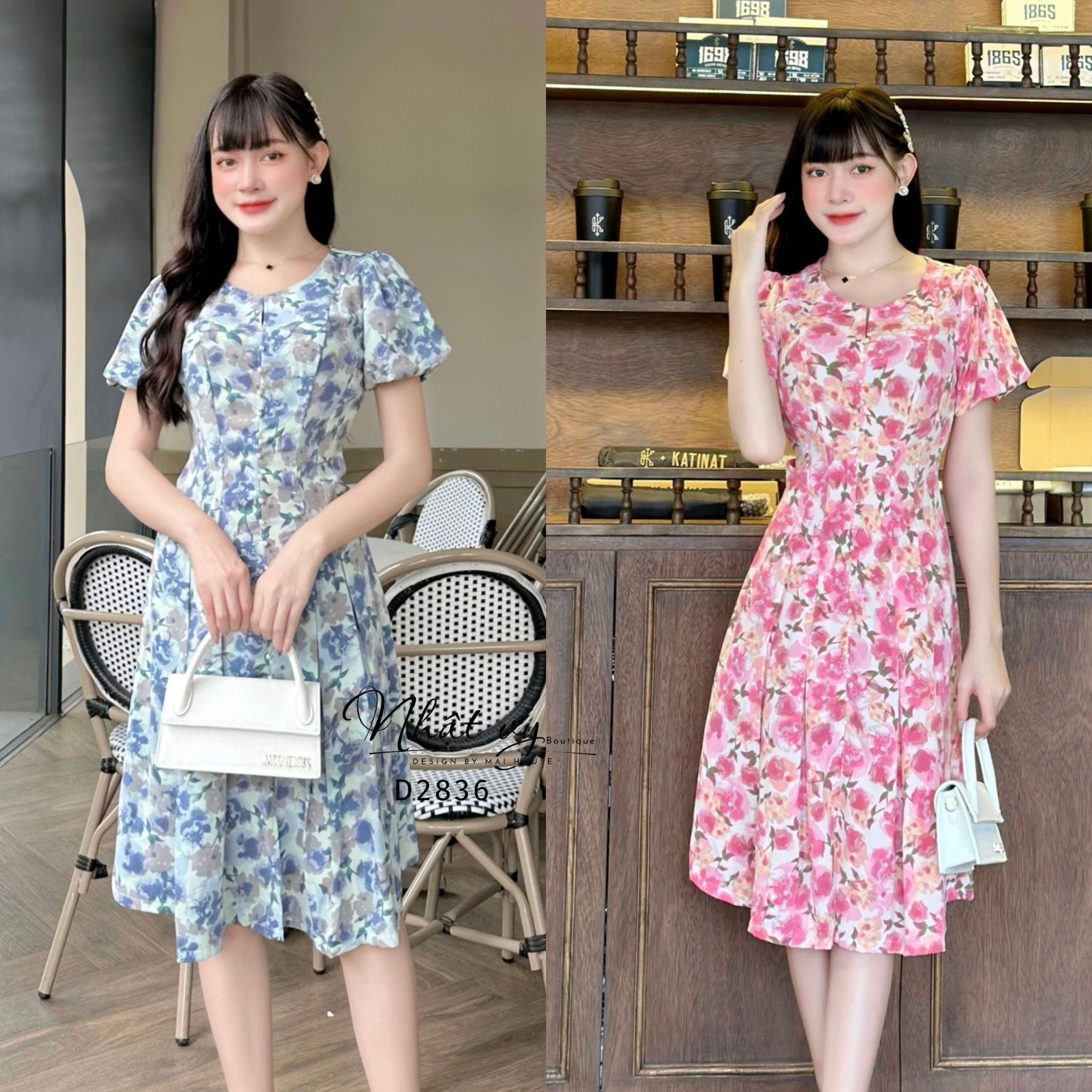 Đầm hoa tay bí cổ tròn cách điệu - D2836