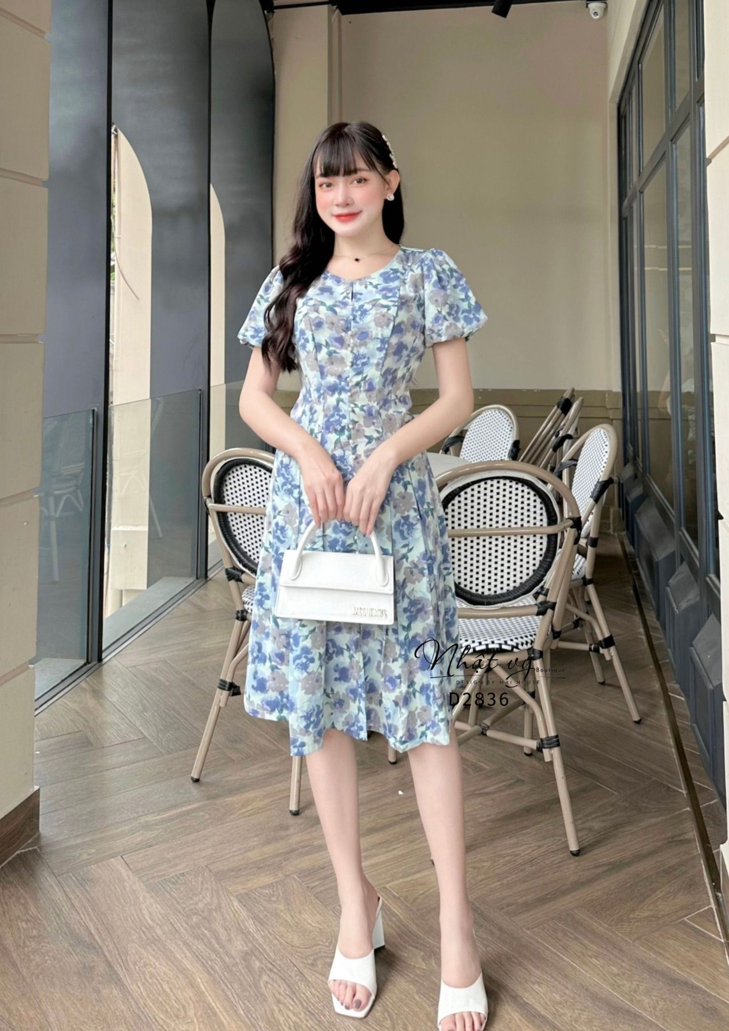 Đầm hoa tay bí cổ tròn cách điệu - D2836