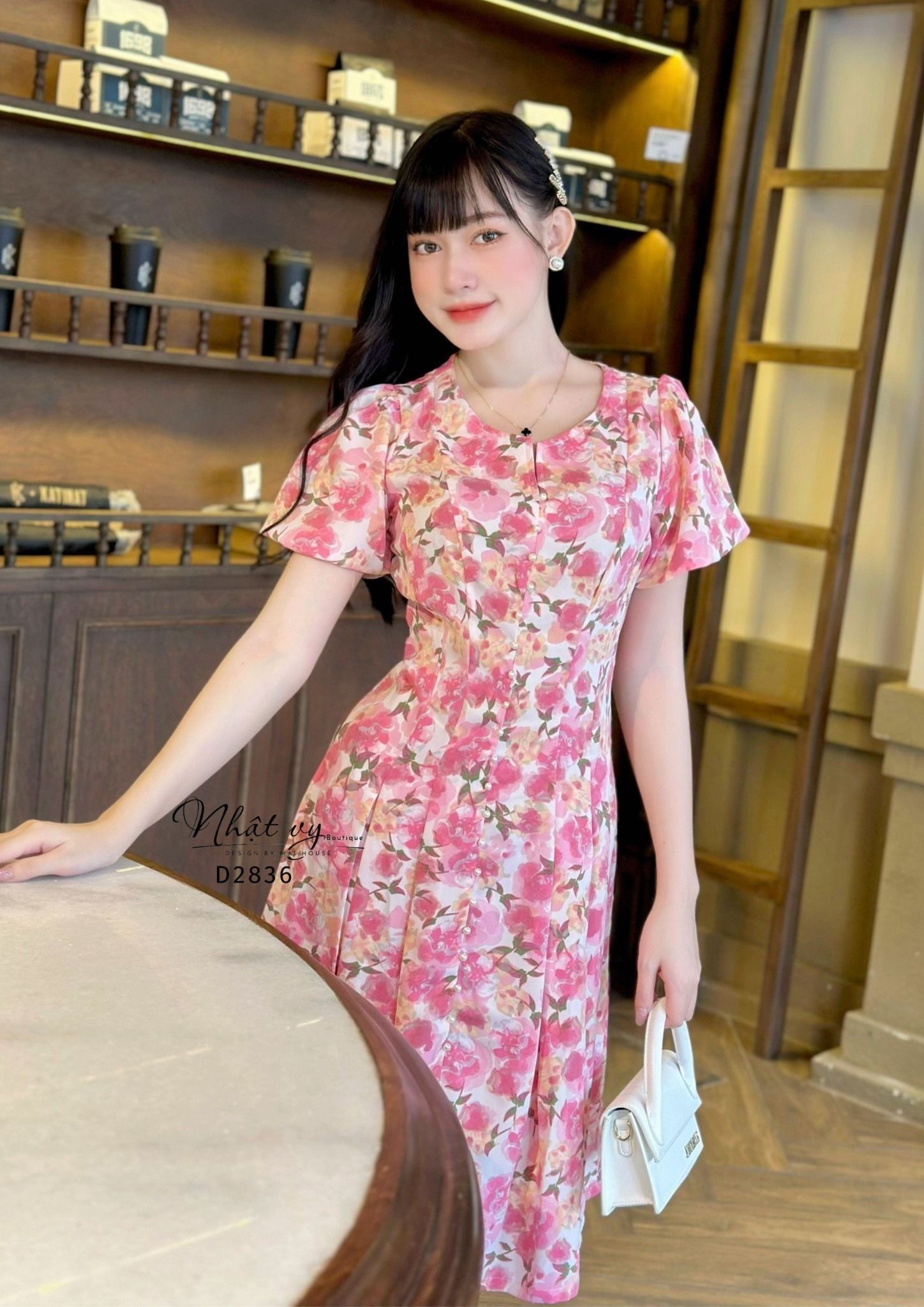 Đầm hoa tay bí cổ tròn cách điệu - D2836