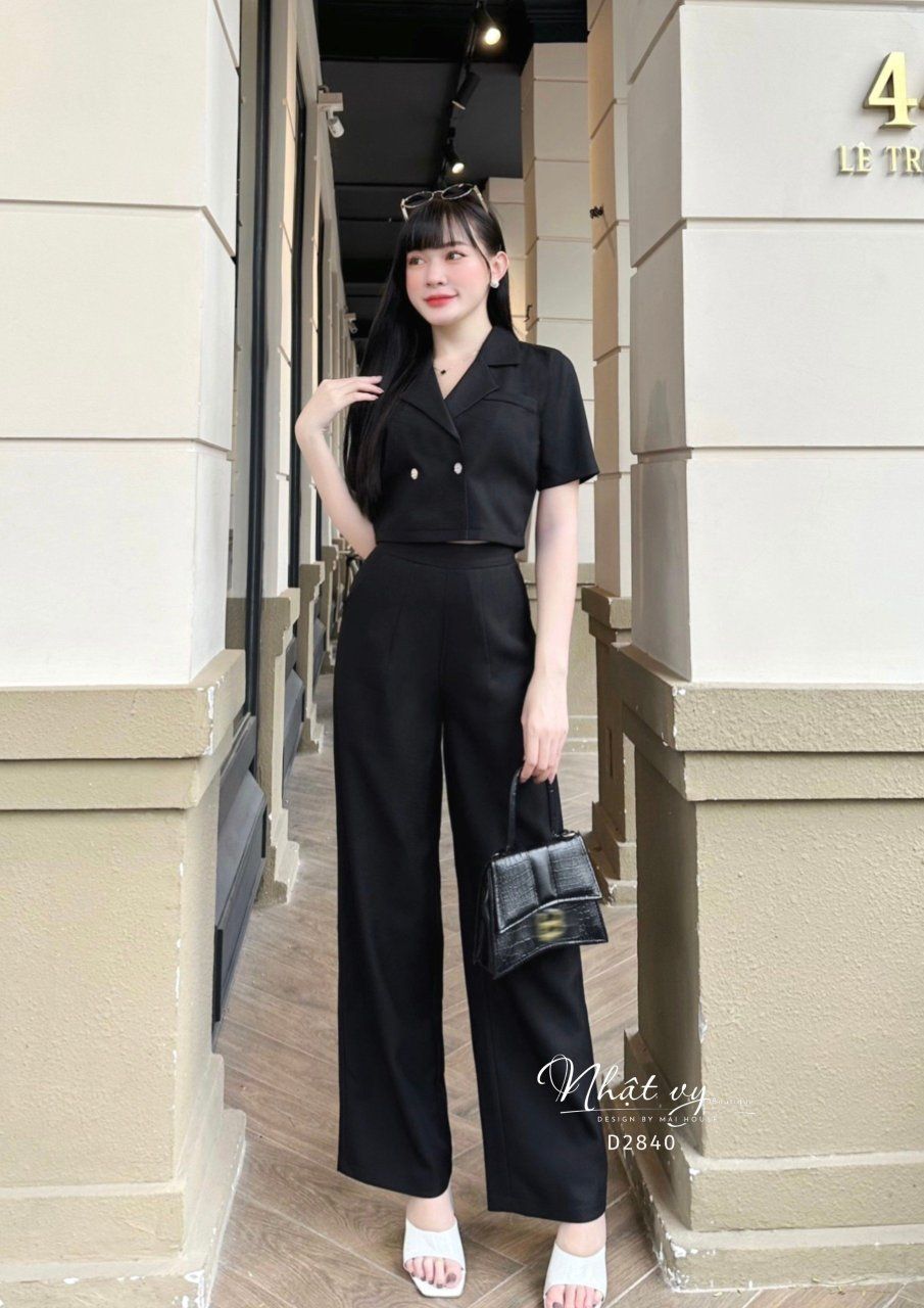 Set áo cổ vest phối quần dài dáng suông - D2840