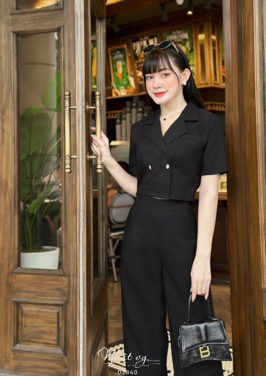 Set áo cổ vest phối quần dài dáng suông - D2840
