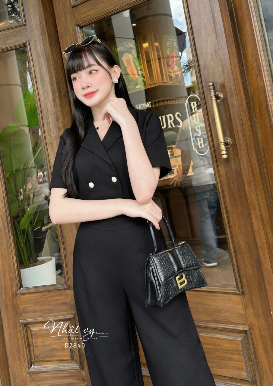 Set áo cổ vest phối quần dài dáng suông - D2840