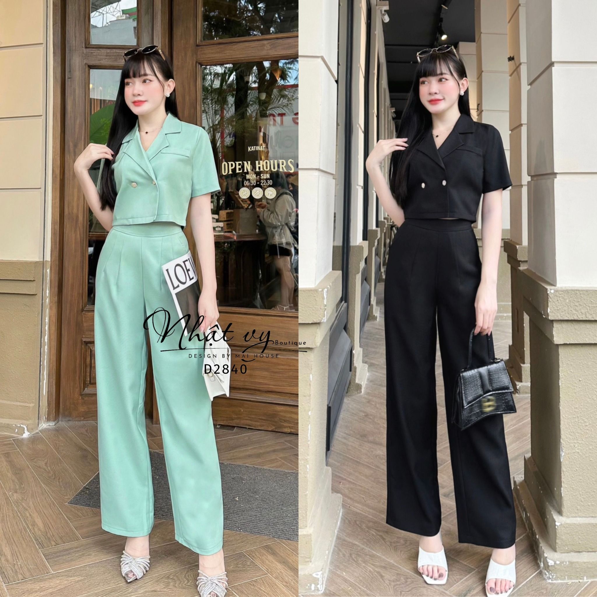 Set áo cổ vest phối quần dài dáng suông - D2840