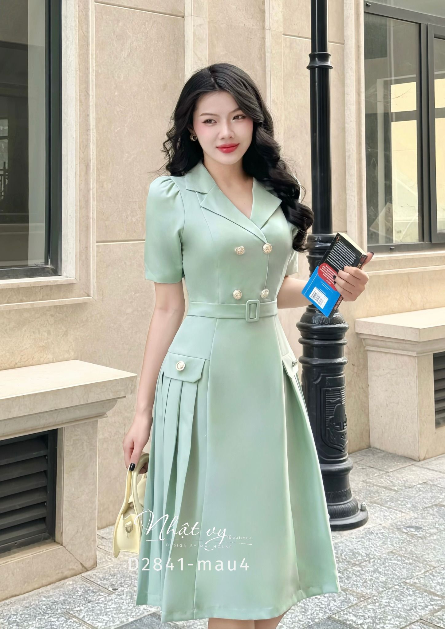 Đầm cổ vest thắt dây belt đính cúc giả - D2841