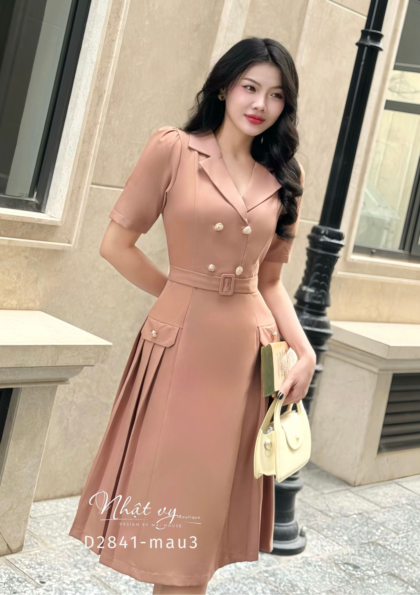 Đầm cổ vest thắt dây belt đính cúc giả - D2841