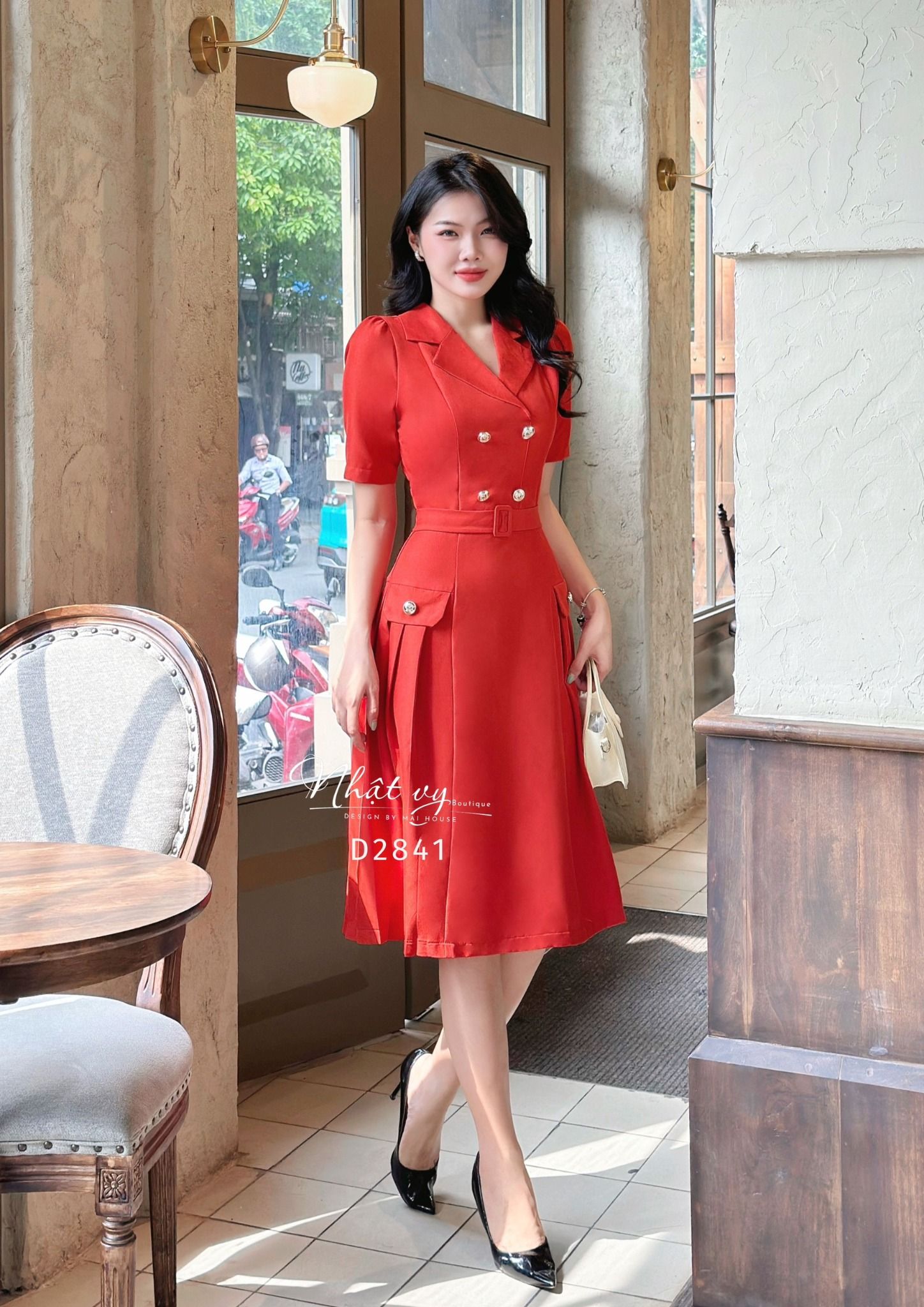 Đầm cổ vest thắt dây belt đính cúc giả - D2841