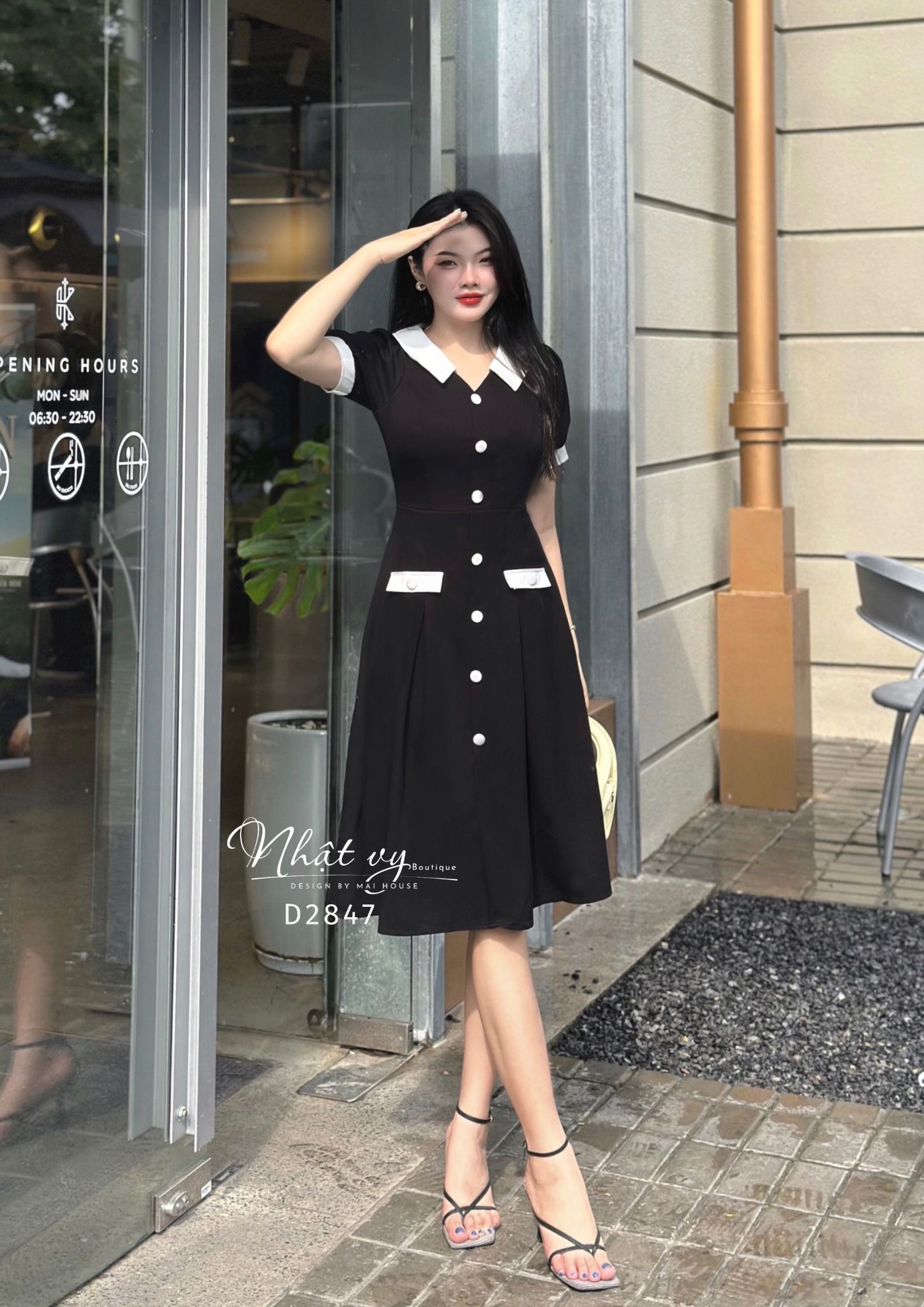 Đầm dáng xoè cổ V phối bèo cổ đính nút kiểu - D2847