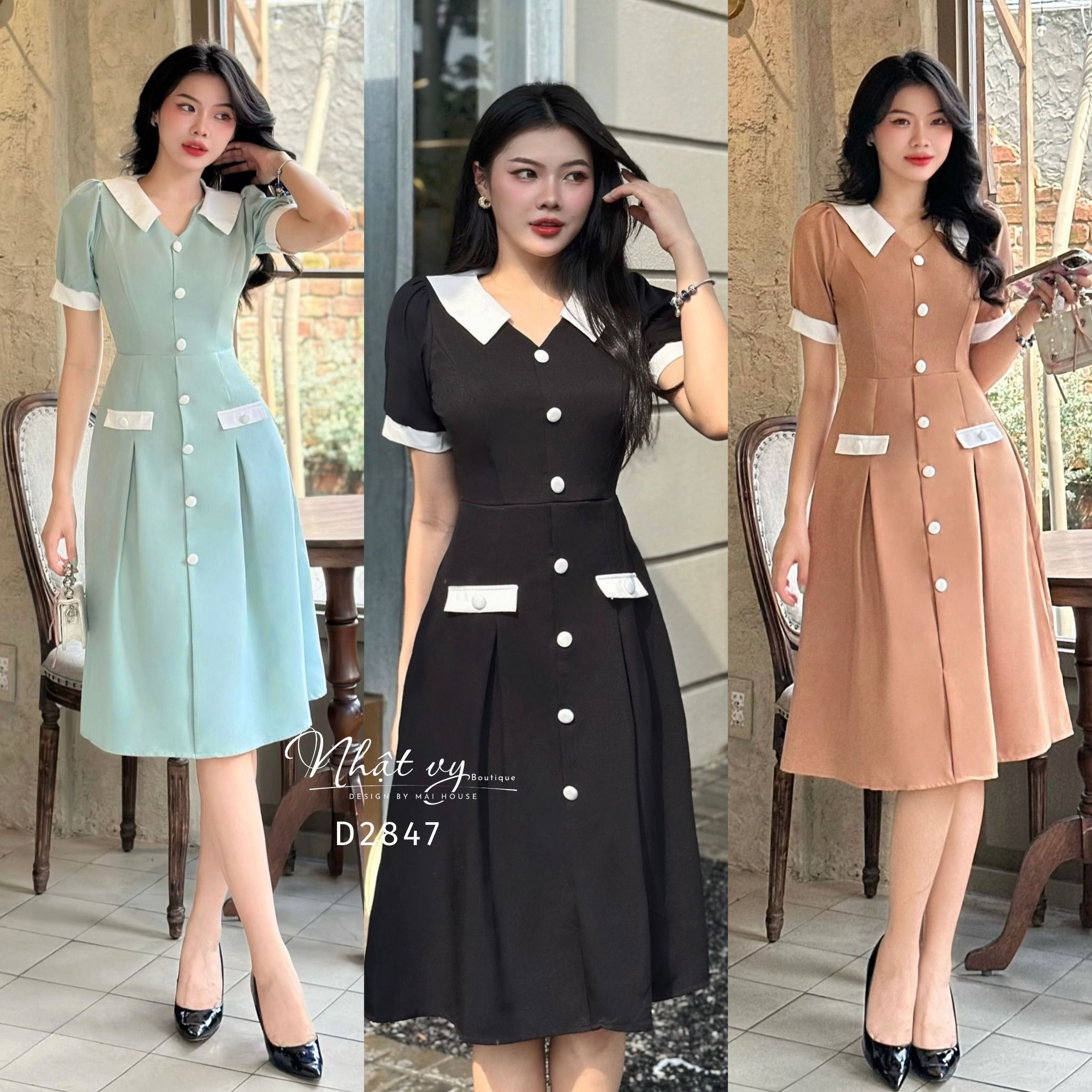 Đầm dáng xoè cổ V phối bèo cổ đính nút kiểu - D2847