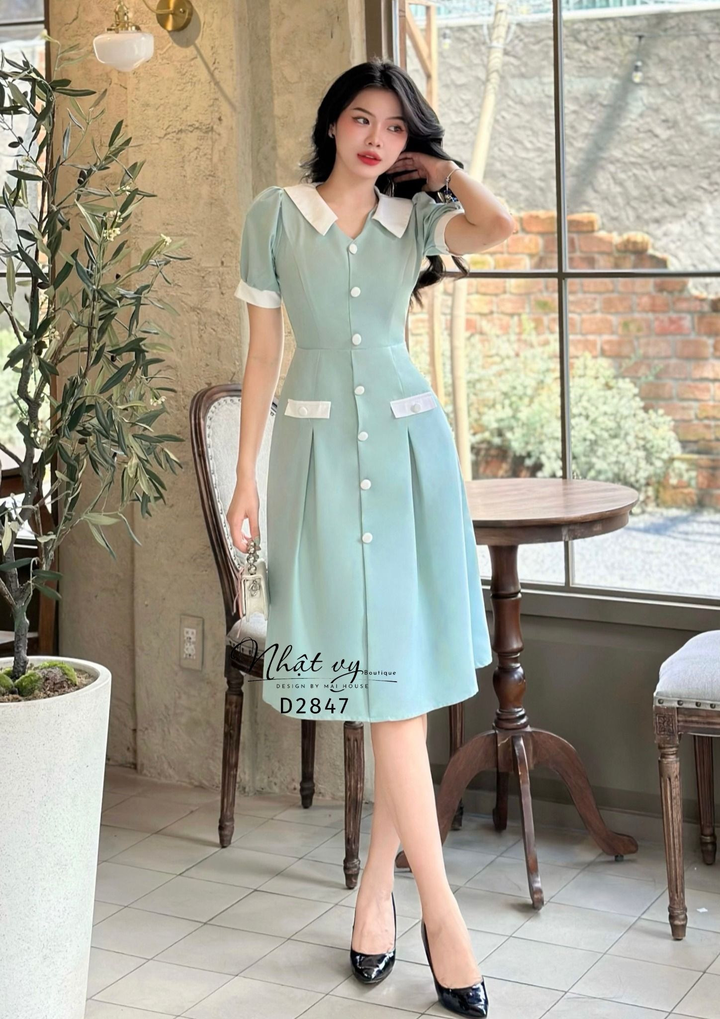 Đầm dáng xoè cổ V phối bèo cổ đính nút kiểu - D2847