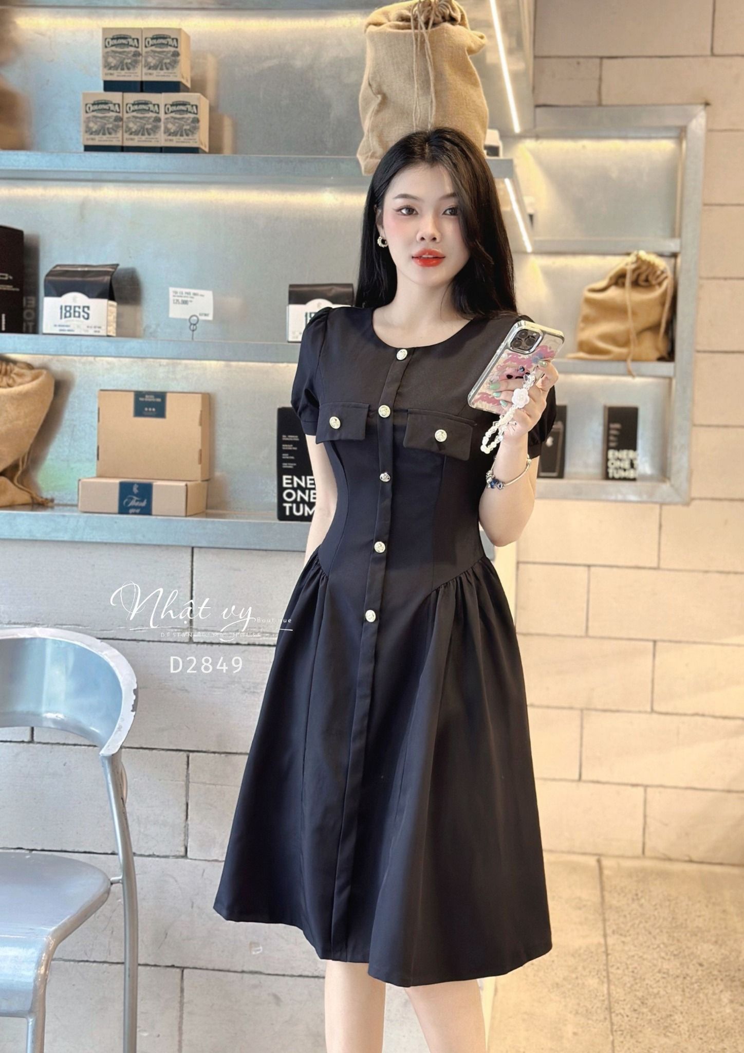 Đầm cổ tròn dáng xoè nhún eo cách điệu - D2849