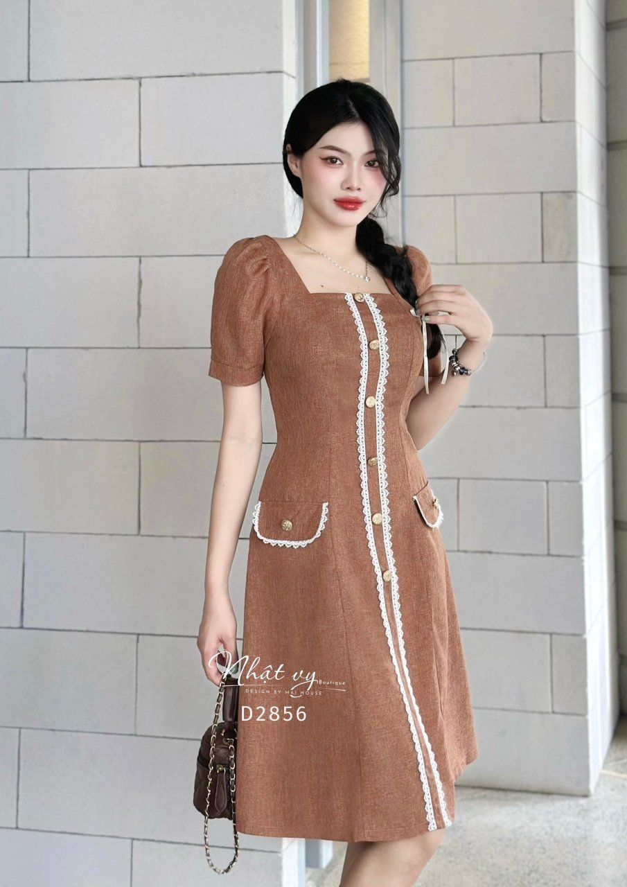 Đầm cổ vuông form dáng ôm phối viền ren - D2856