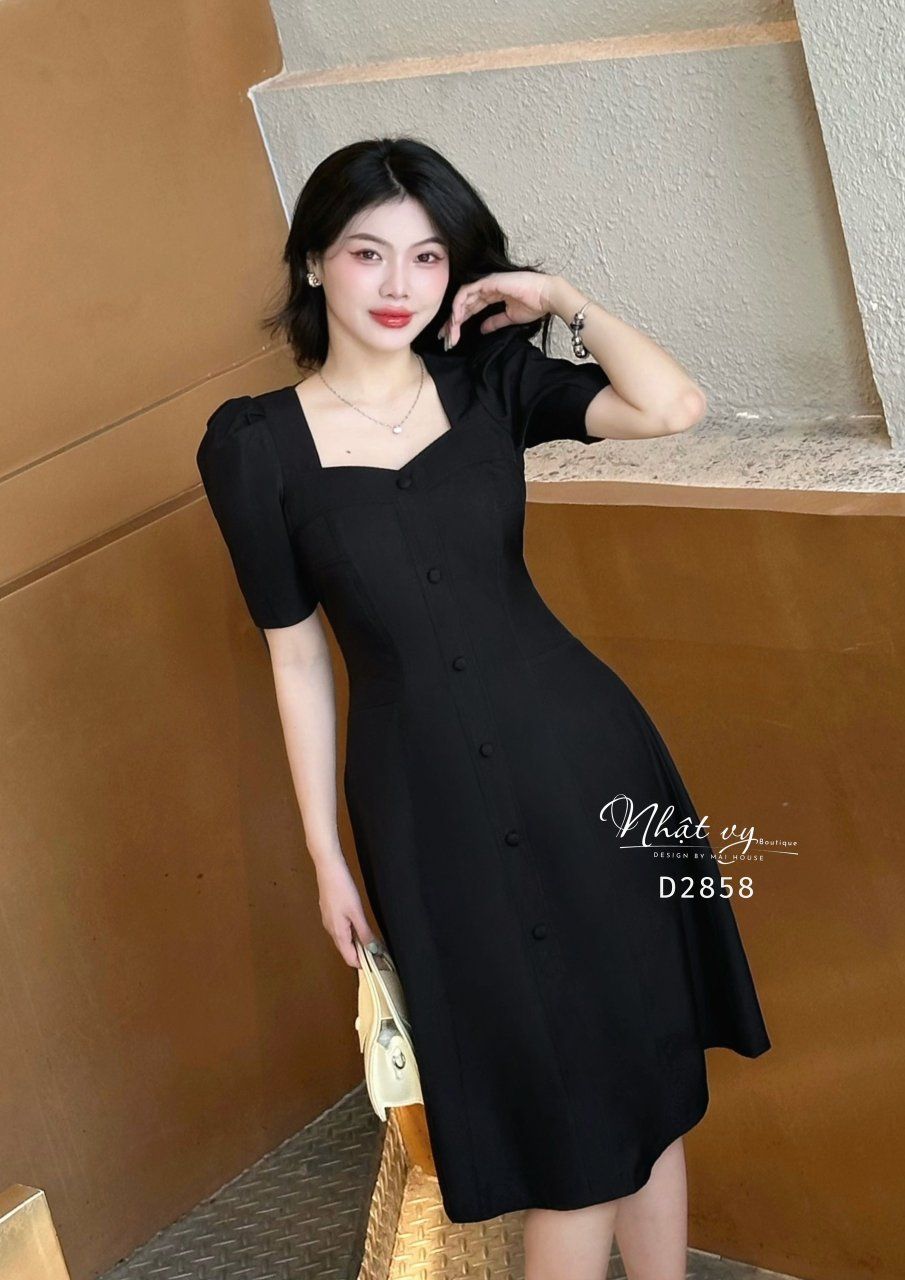 Đầm cổ vuông tay phồng đính nút bọc - D2858