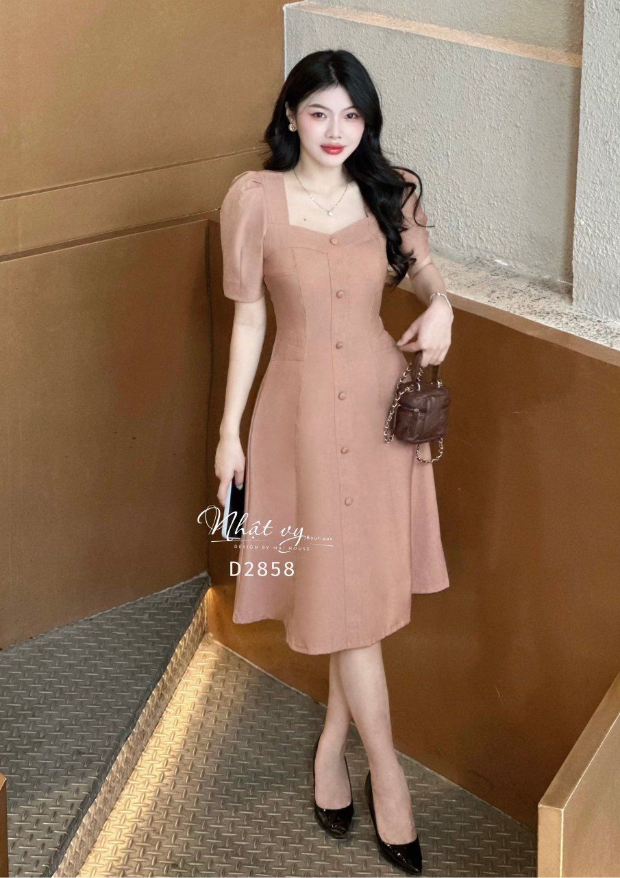 Đầm cổ vuông tay phồng đính nút bọc - D2858
