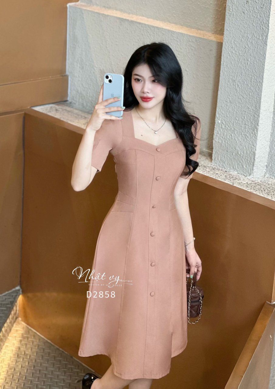 Đầm cổ vuông tay phồng đính nút bọc - D2858