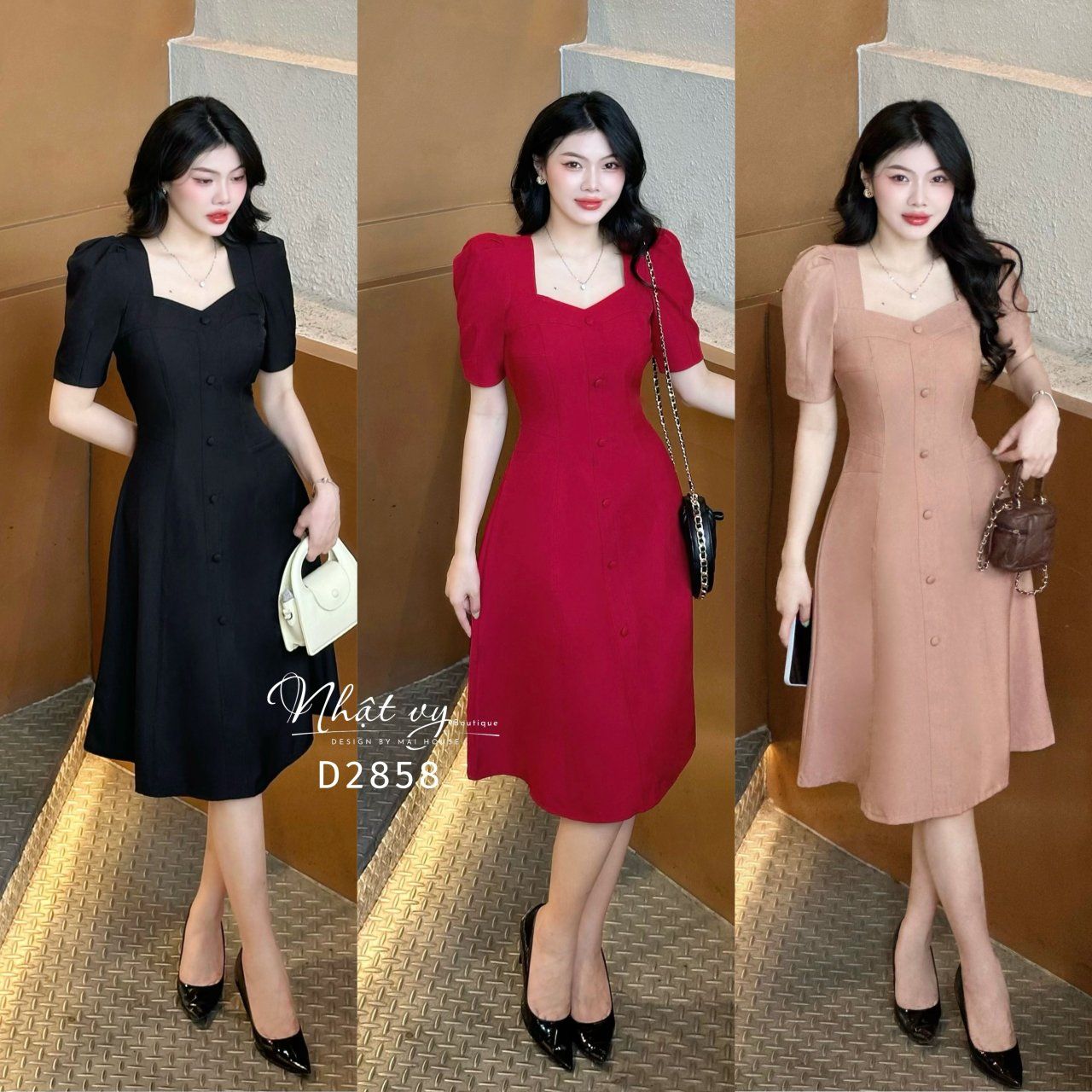 Đầm cổ vuông tay phồng đính nút bọc - D2858
