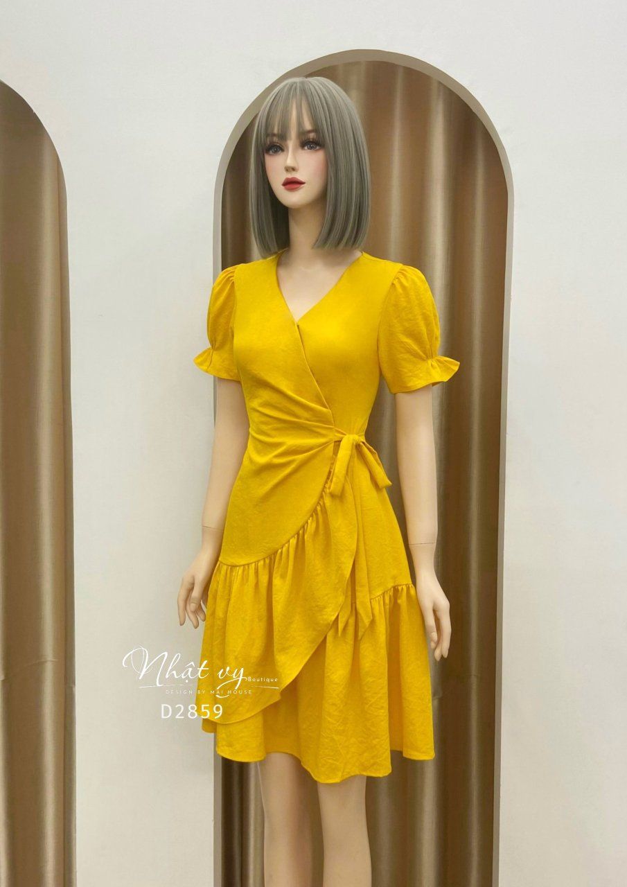 Đầm cổ V đắp chéo nhún bèo cách điệu - D2859