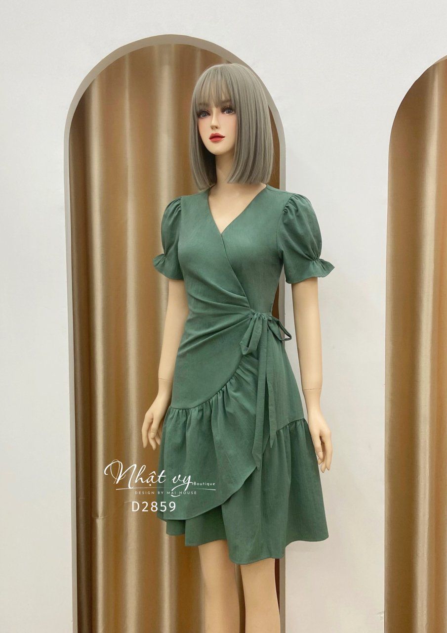 Đầm cổ V đắp chéo nhún bèo cách điệu - D2859