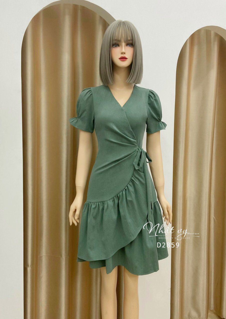 Đầm cổ V đắp chéo nhún bèo cách điệu - D2859