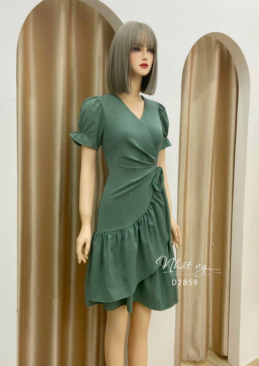 Đầm cổ V đắp chéo nhún bèo cách điệu - D2859