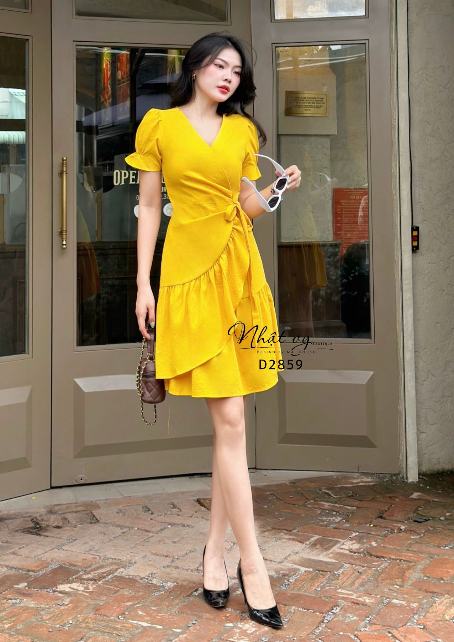 Đầm cổ V đắp chéo nhún bèo cách điệu - D2859