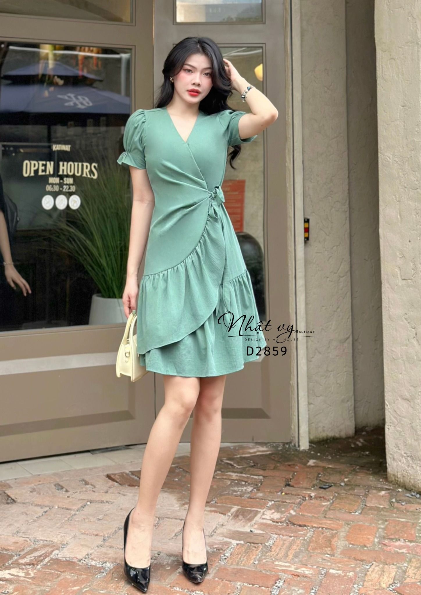 Đầm cổ V đắp chéo nhún bèo cách điệu - D2859
