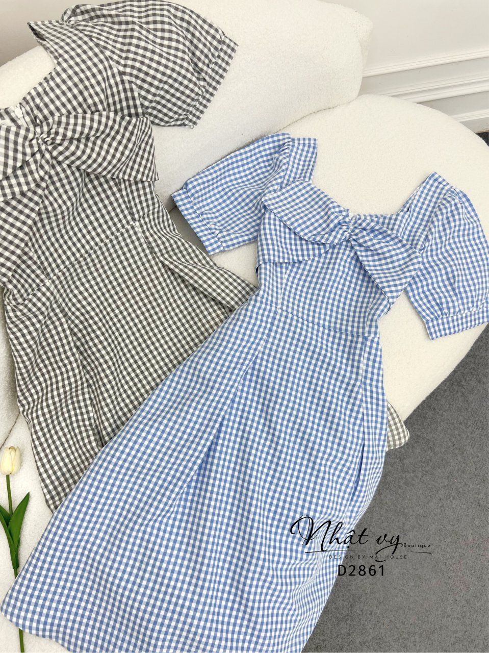 Đầm caro nhún nơ ngực dáng ôm - D2861