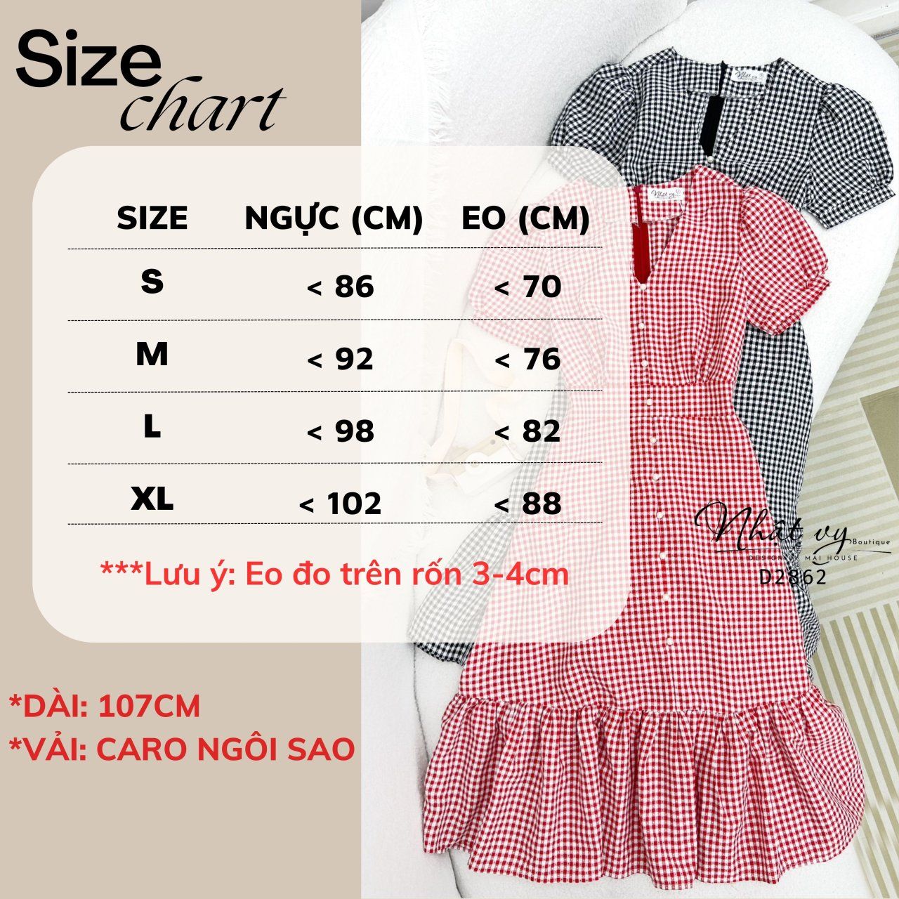  Đầm caro cổ V đuôi cá đính nút ngọc - D2862 