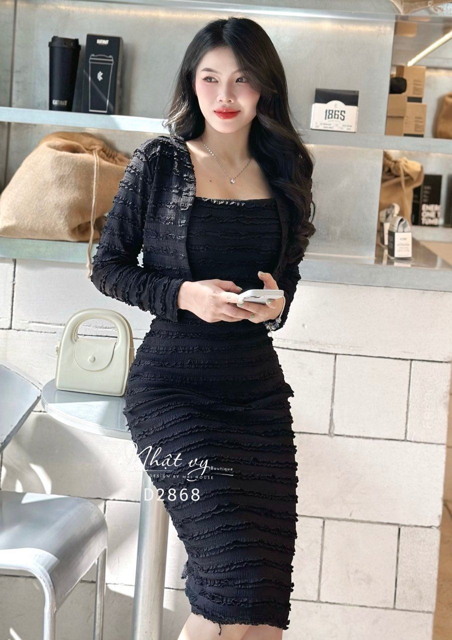 Set đầm thun ôm phối áo khoác form ngắn - D2868