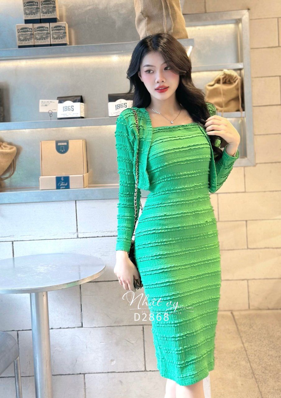 Set đầm thun ôm phối áo khoác form ngắn - D2868
