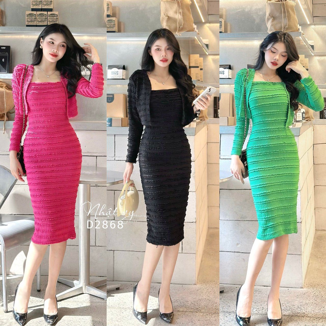 Set đầm thun ôm phối áo khoác form ngắn - D2868