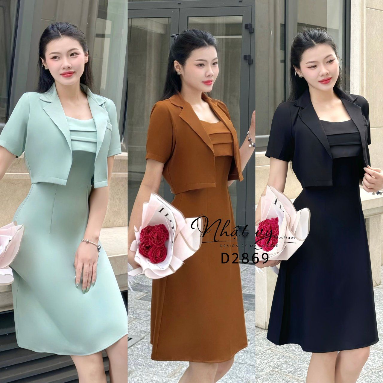 Set đầm 2 dây xếp ngực kèm áo khoác form ngắn - D2869