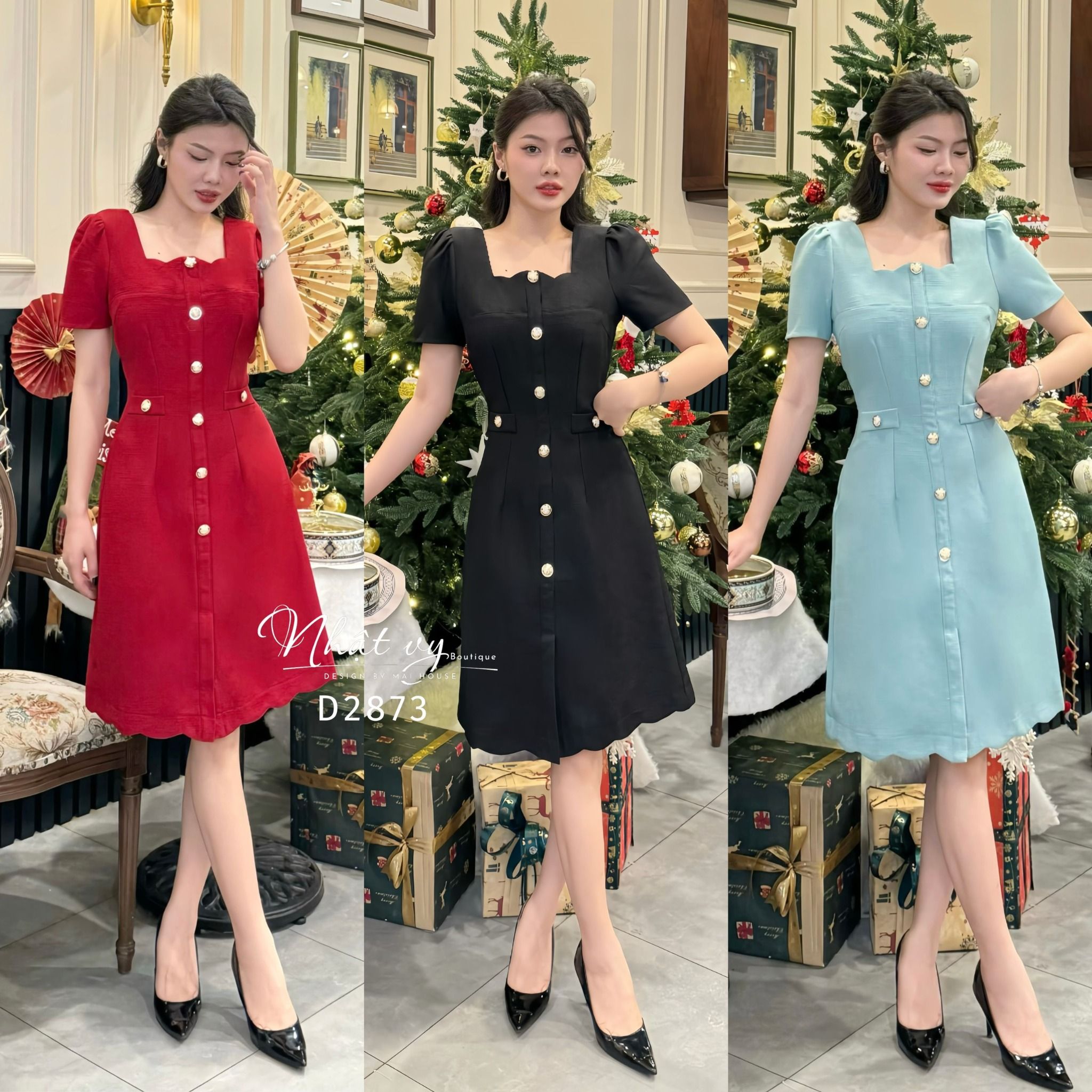 Đầm cổ vuông cách điệu form dáng ôm đính cúc giả - D2873