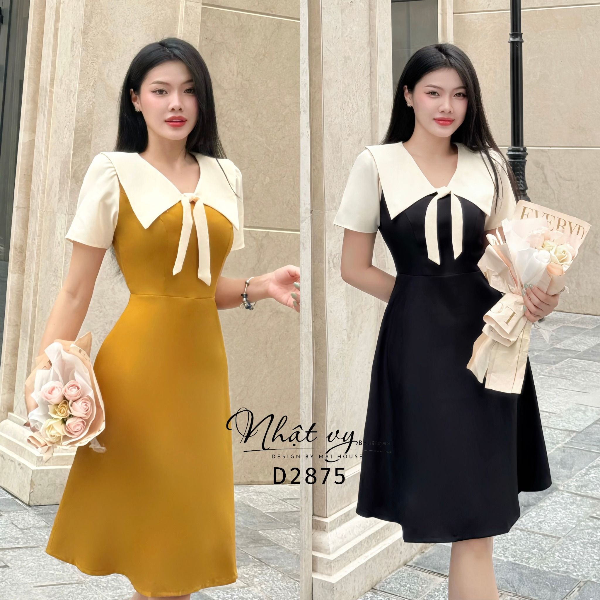 Đầm cổ tim form dáng xoè cổ phối bèo nơ - D2875