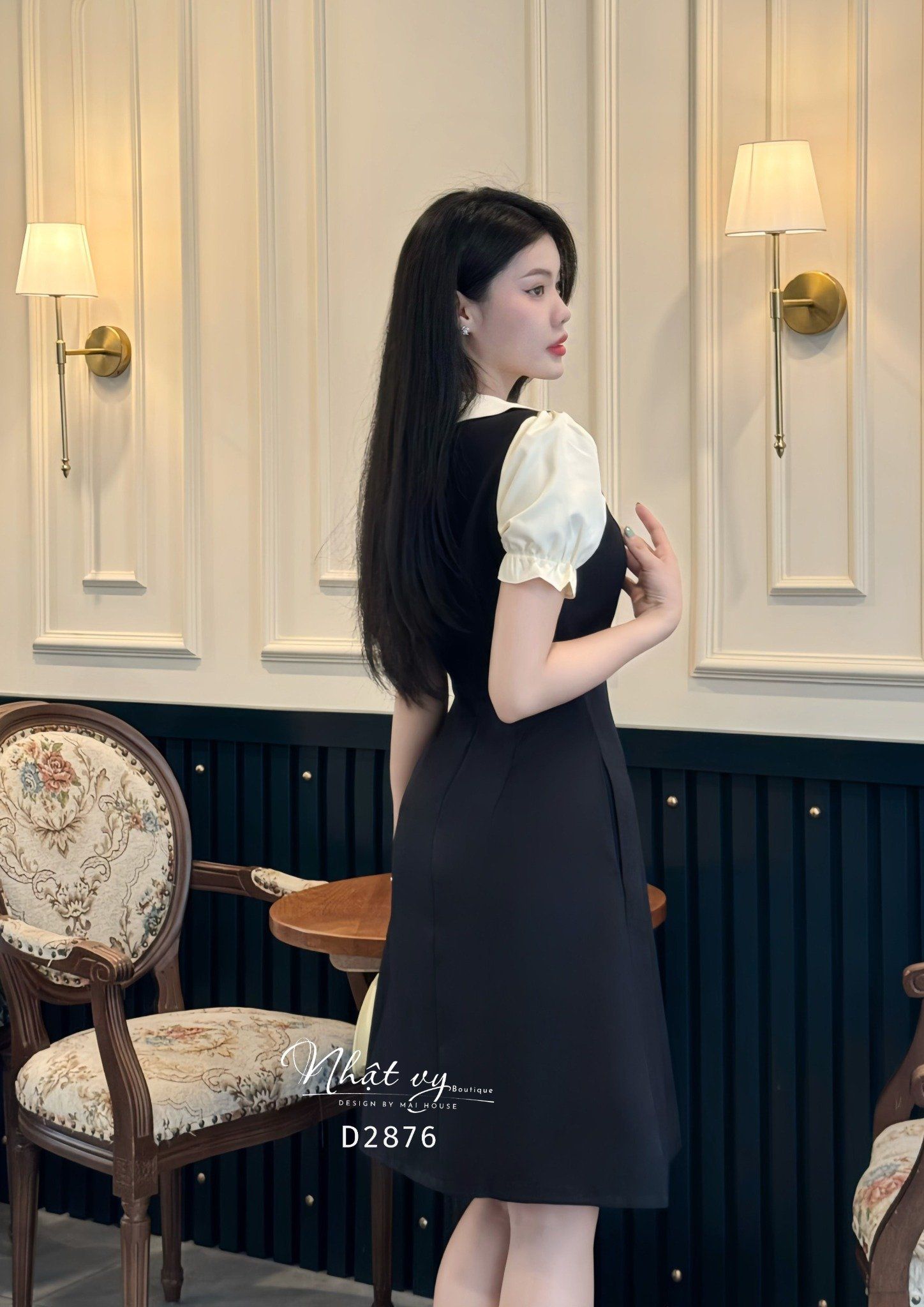 Đầm cổ V tay nhún bèo đính cúc giả - D2876