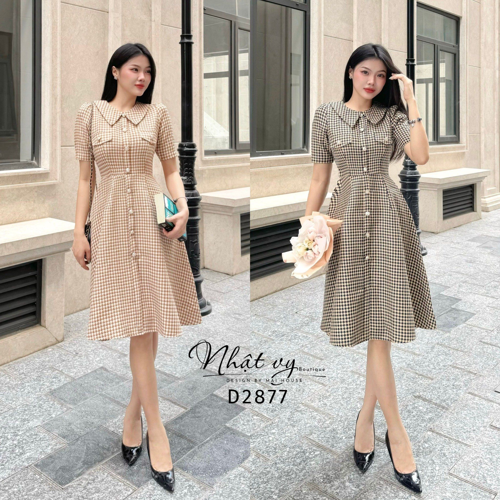 Đầm cổ tròn bèo đính cúc kiểu form dáng xoè - D2877