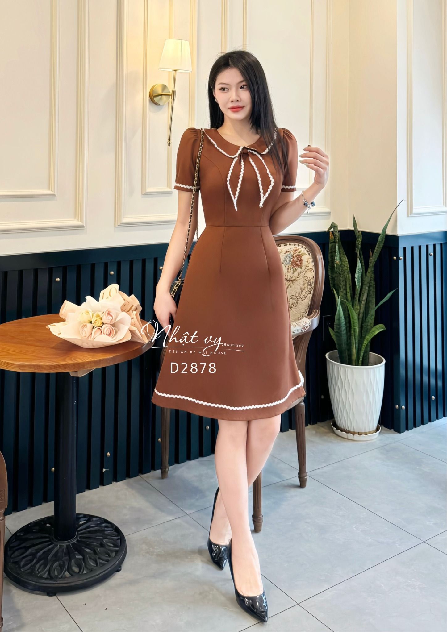  Đầm cổ tròn dáng xoè cổ phối bèo nơ viền ren - D2878 