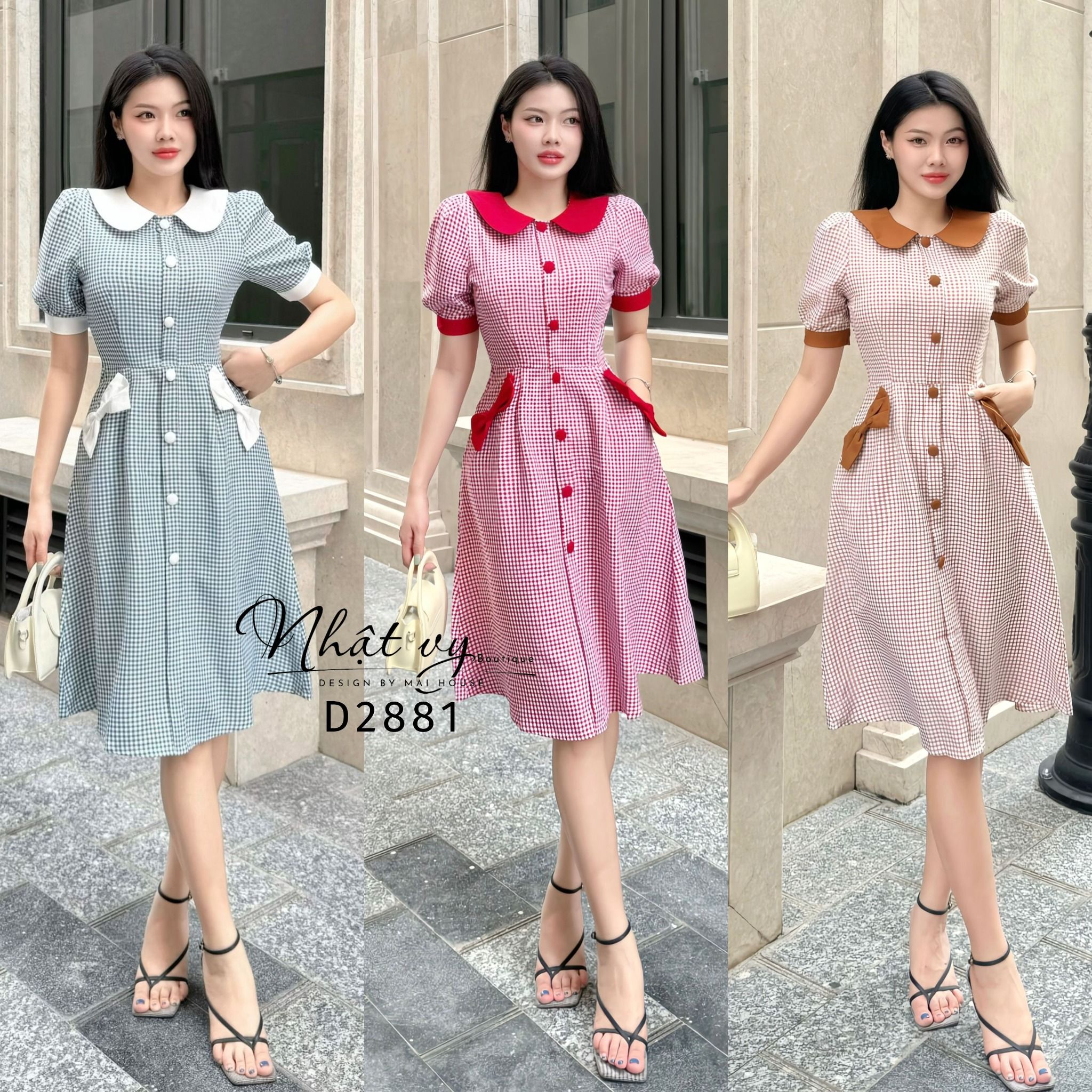 Đầm caro cổ tròn bèo đính nơ bên túi - D2881